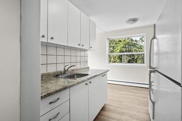 Hamilton apartment for rent - A kitchen with white cabinets and a window.
