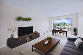 Stoney Creek apartment for rent - A living room with a flat screen TV, a coffee table, and a couch.