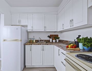 Hamilton apartment for rent - A kitchen with white cabinets and a marble countertop.
