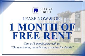 Waterloo apartment for rent - A promotional image for Effort Trust offering a free month of rent for a 13-month lease.