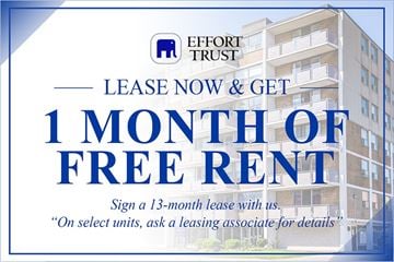 Hamilton apartment for rent - A promotional image for Effort Trust offering a free month of rent for a 13-month lease.