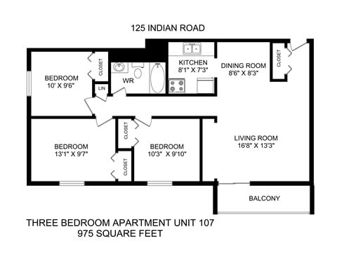 Floor plan for 3 beds, 1 bath, 1057 sqft