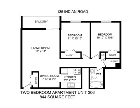Floor plan for 2 beds, 1 bath, 855 sqft