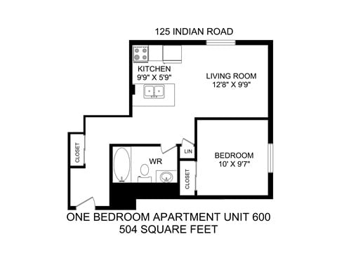 Floor plan for 1 bed, 1 bath, 508 sqft