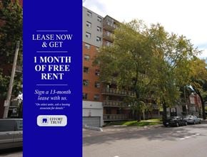 Hamilton apartment for rent - A blue sign offering a free month of rent for signing a 13-month lease.