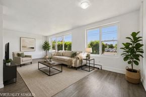 Kitchener apartment for rent - A living room with a couch, chair, and potted plant.