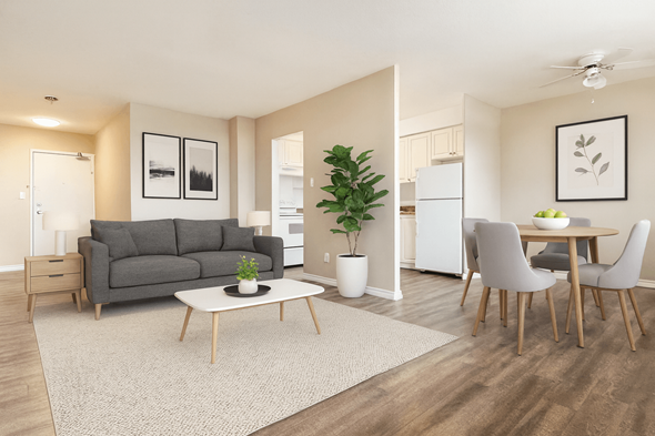 Hamilton apartment for rent - A living room with a grey couch, a white coffee table, and a dining table with chairs.