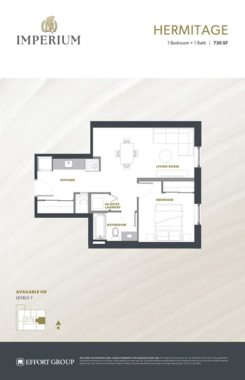 Floor plan for 1 bed, 1 bath, 592 sqft