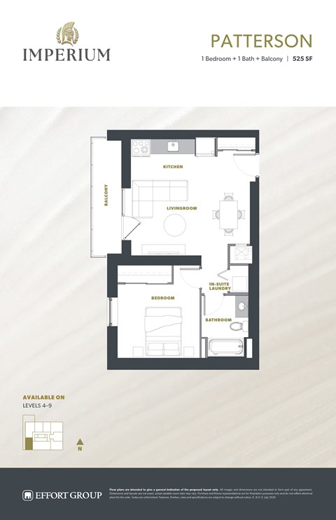 Floor plan for 1 bed, 1 bath, 624 sqft