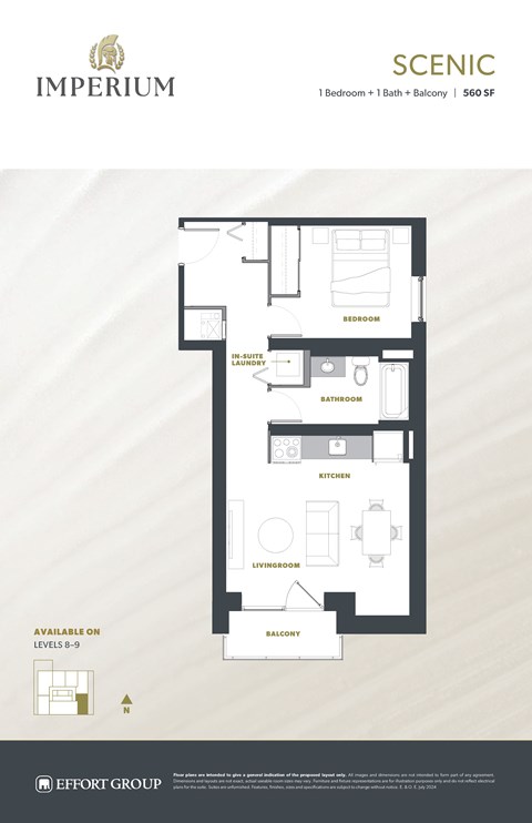 Floor plan for 1 bed, 1 bath, 667 sqft