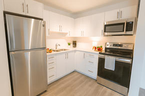 Kitchener apartment for rent - A modern kitchen with a stainless steel refrigerator and oven.