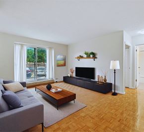 Hamilton apartment for rent - A living room with a grey couch, a wooden coffee table, a black TV stand, and a large window.