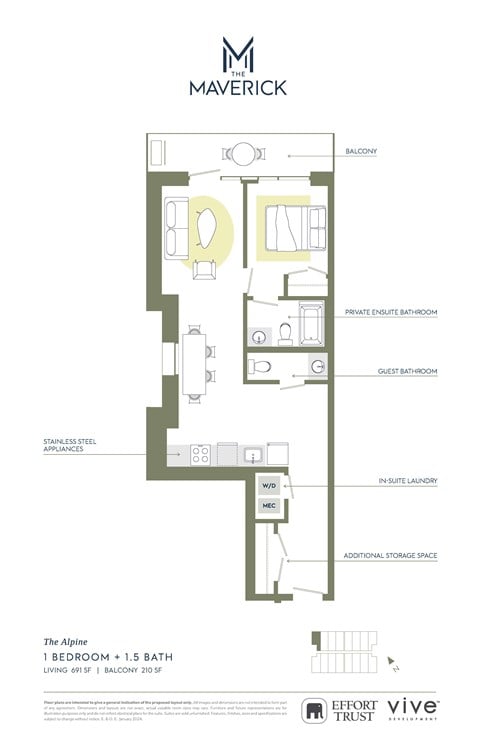 Floor plan for 1 bed, 1.5 baths, 901 sqft