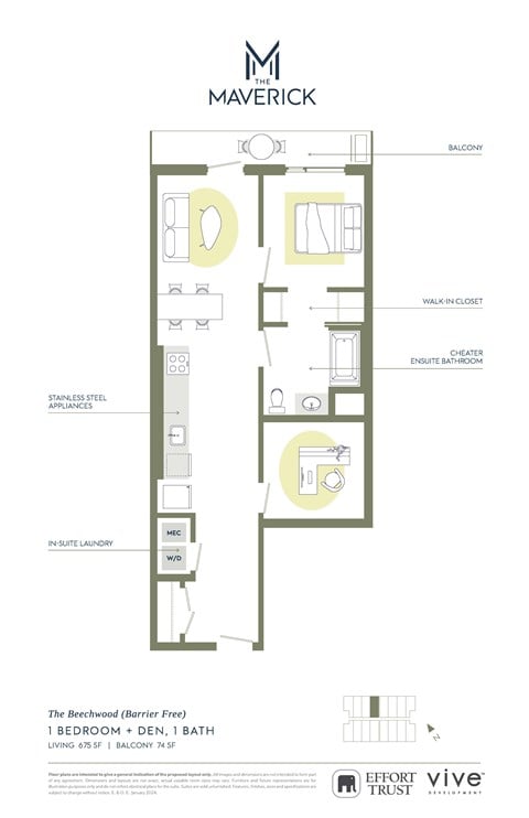Floor plan for 1 bed, 1 bath, 749 sqft