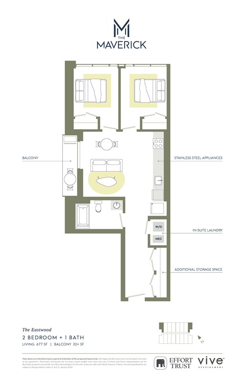 Floor plan for 2 beds, 1 bath, 709 sqft