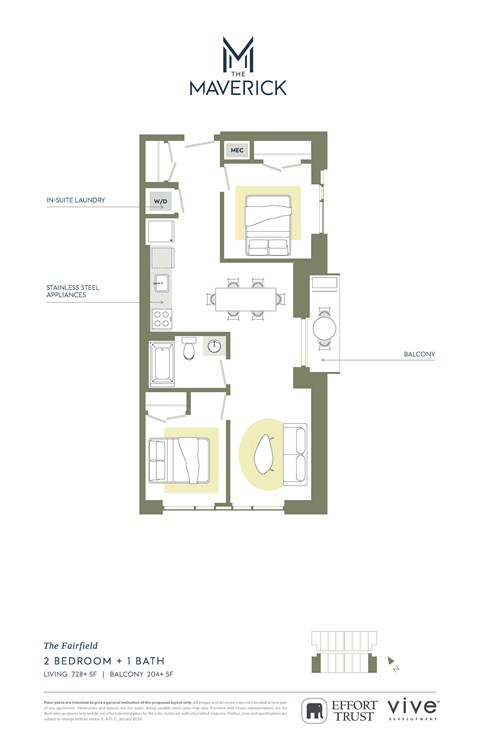 Floor plan for 2 beds, 1 bath