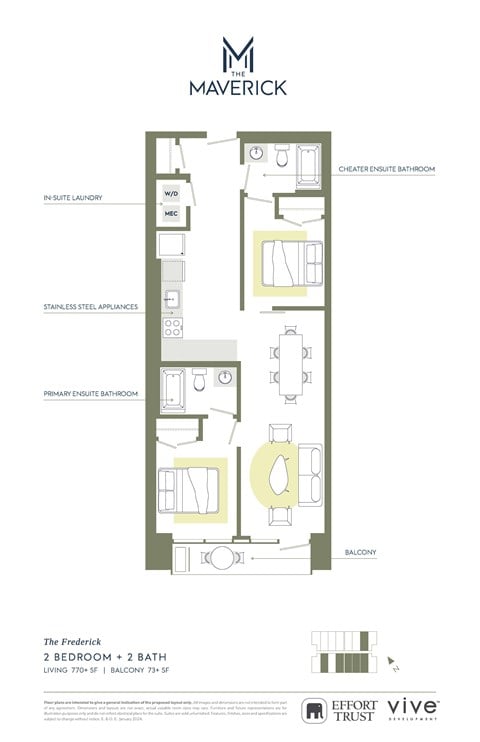 Floor plan for 2 beds, 2 baths, 843 sqft