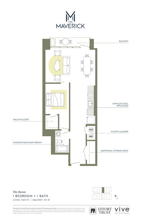Floor plan for 1 bed, 1 bath, 794 sqft