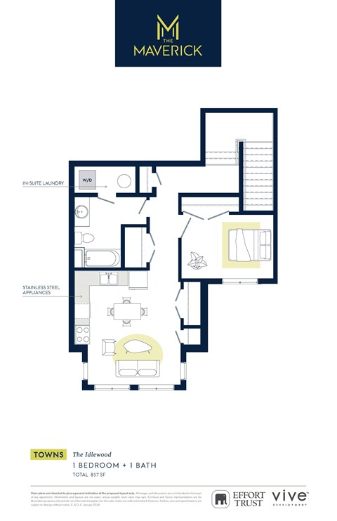Floor plan for 1 bed, 1 bath, 857 sqft