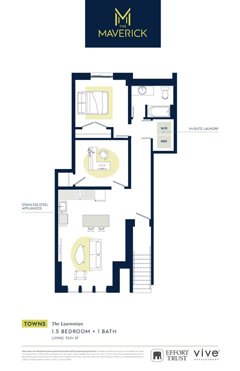 Floor plan for 1 bed, 1 bath, 923 sqft