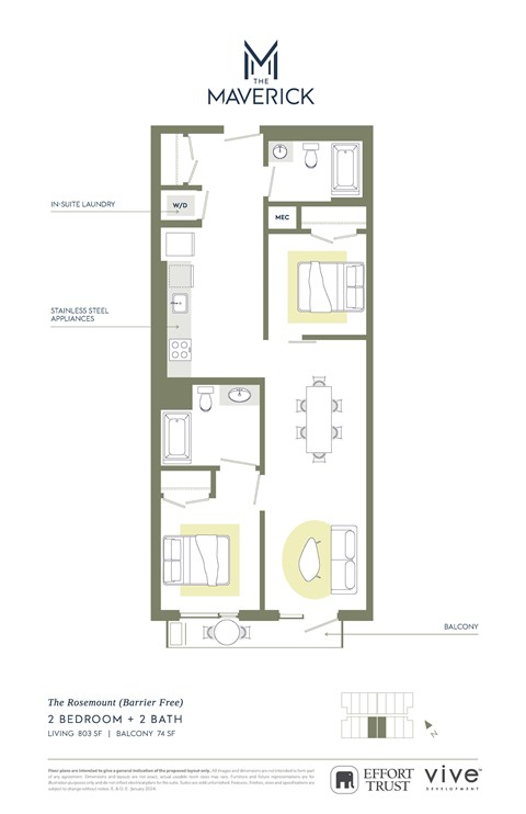 Floor plan for 2 beds, 2 baths