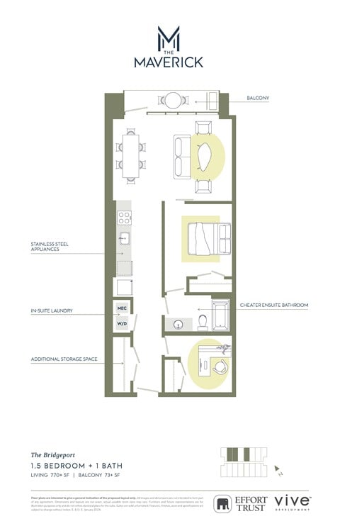 Floor plan for 1 bed, 1 bath, 843 sqft