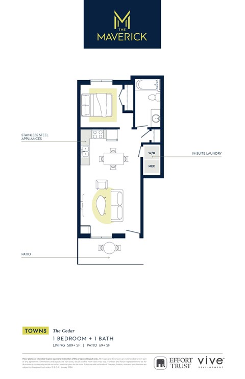 Floor plan for 1 bed, 1 bath, 658 sqft