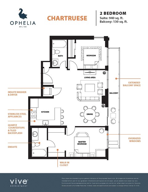 Floor plan for 2 beds, 2 baths, 1070 sqft