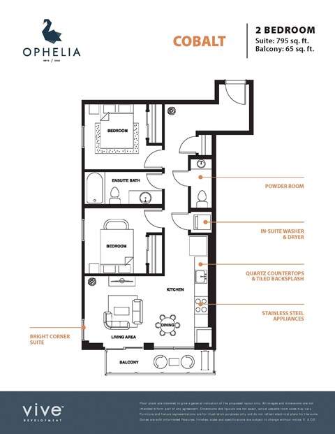 Floor plan for 2 beds, 2 baths, 860 sqft