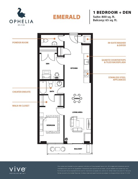 Floor plan for 1 bed, 1 bath, 865 sqft