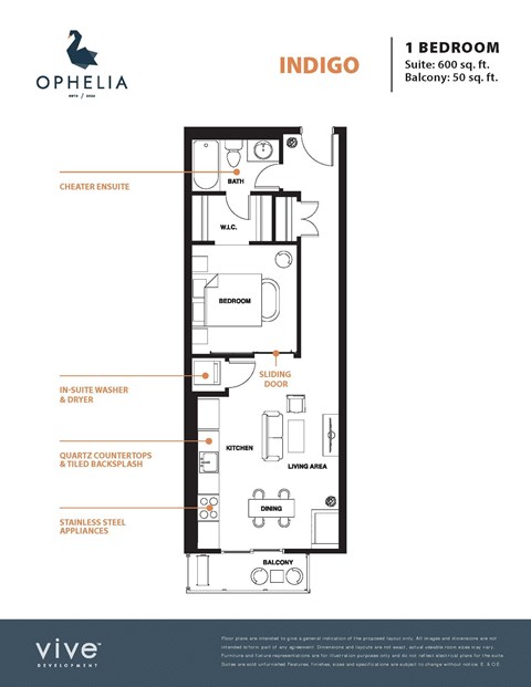 Floor plan for 1 bed, 1 bath, 650 sqft