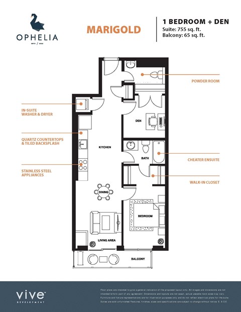 Floor plan for 1 bed, 1 bath, 820 sqft