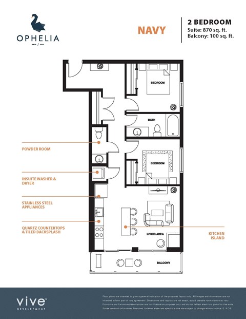 Floor plan for 2 beds, 2 baths, 970 sqft