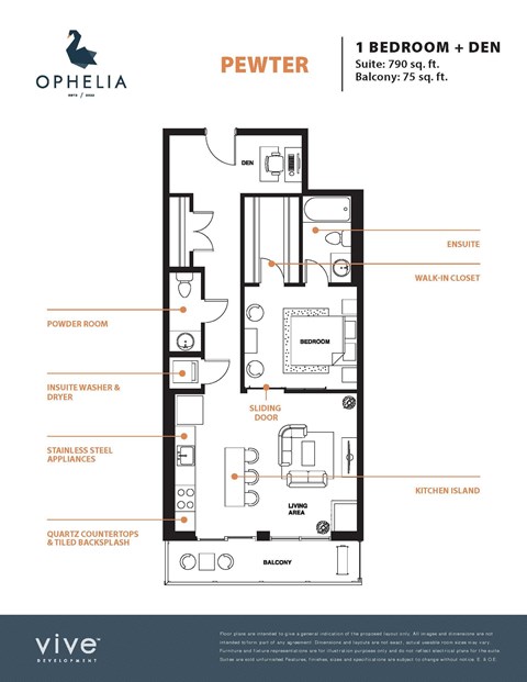 Floor plan for 1 bed, 1 bath, 865 sqft