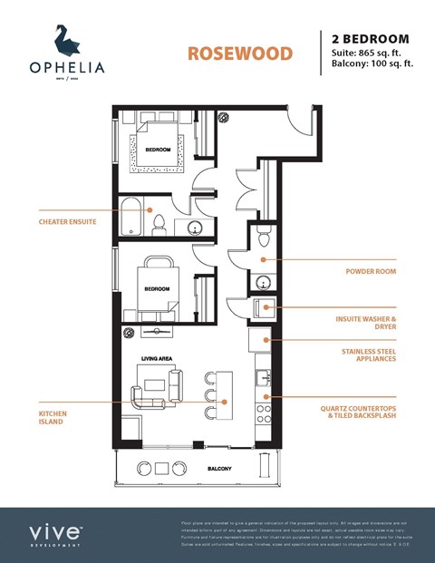 Floor plan for 2 beds, 2 baths, 965 sqft