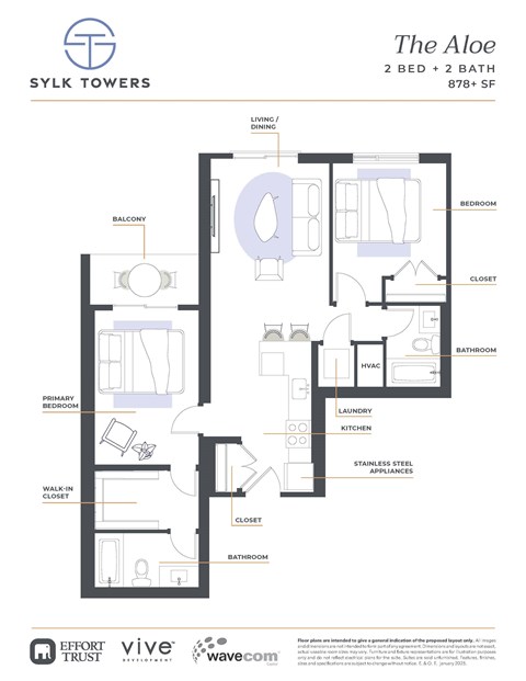 Floor plan for 2 beds, 2 baths, 934 sqft