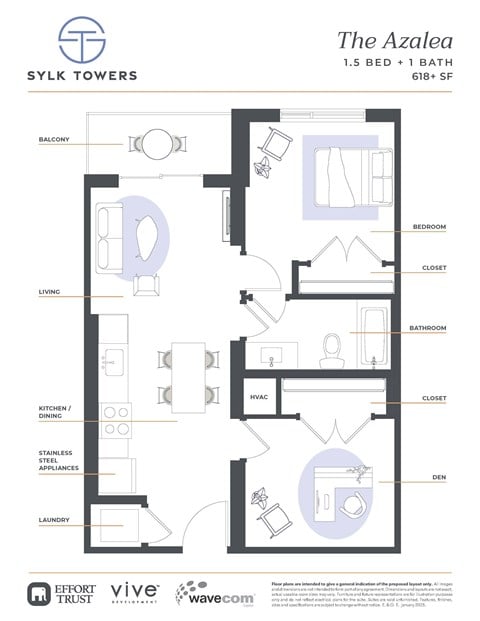 Floor plan for 1 bed, 1 bath, 752 sqft