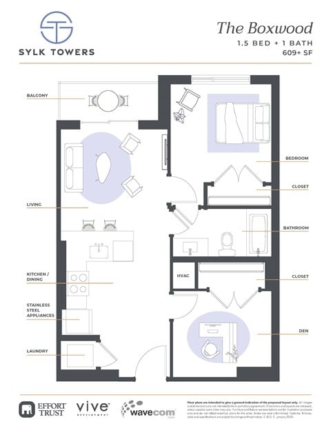 Floor plan for 1 bed, 1 bath, 770 sqft
