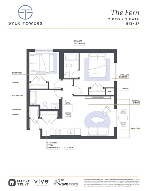 Floor plan for 2 beds, 2 baths, 901 sqft