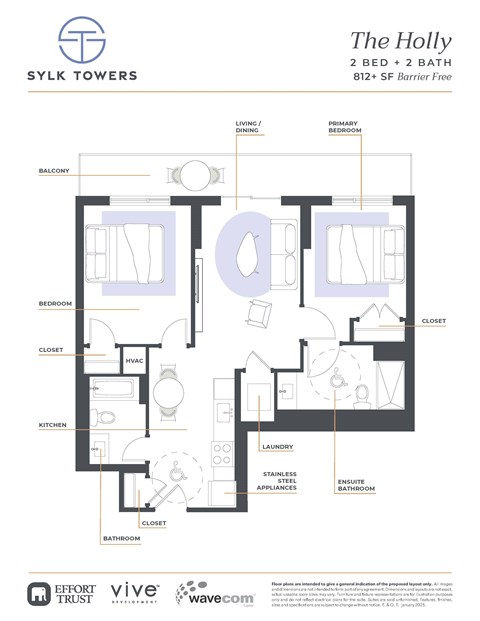 Floor plan for 2 beds, 2 baths, 1008 sqft
