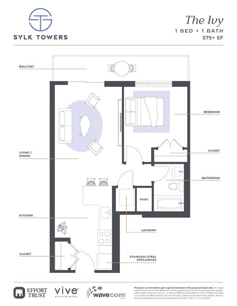 Floor plan for 1 bed, 1 bath, 782 sqft