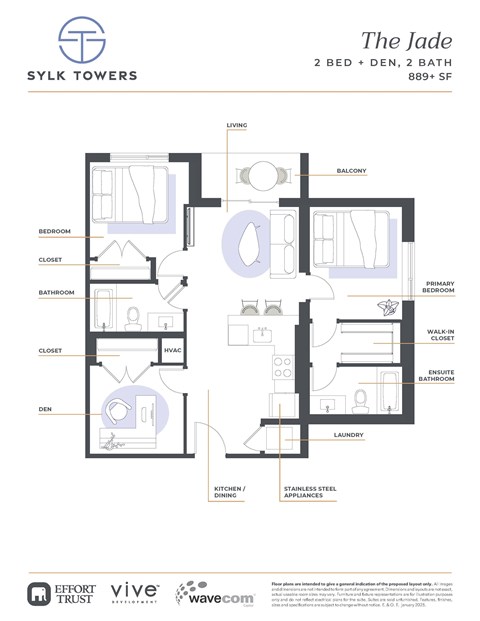 Floor plan for 2 beds, 2 baths, 942 sqft