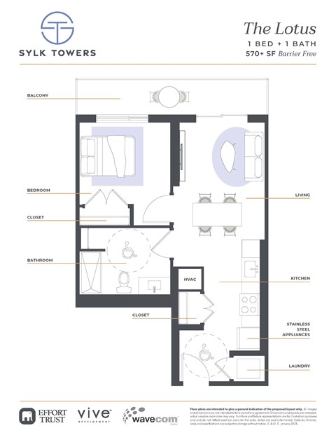 Floor plan for 1 bed, 1 bath, 670 sqft