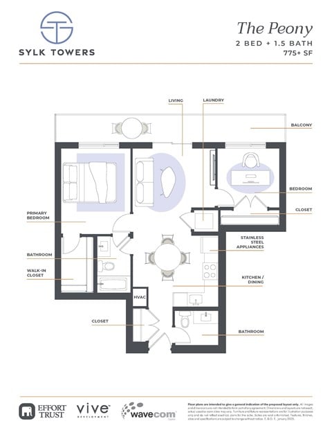 Floor plan for 2 beds, 1 bath, 931 sqft