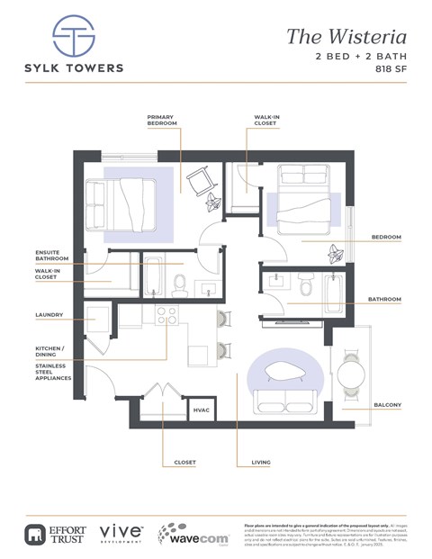 Floor plan for 2 beds, 2 baths, 866 sqft
