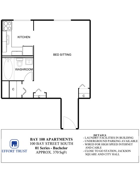 Floor plan for studio, 1 bath, 370 sqft