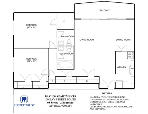 Floor plan for 2 beds, 1 bath, 910 sqft