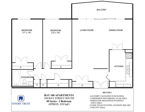 Floor plan for 2 beds, 1 bath, 910 sqft