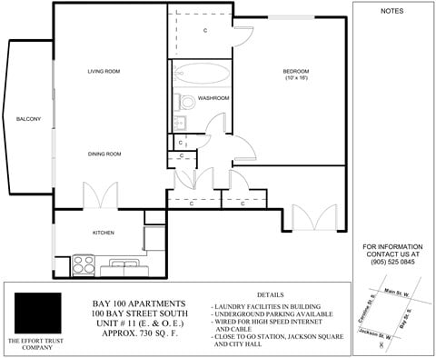 Floor plan for 1 bed, 1 bath, 730 sqft