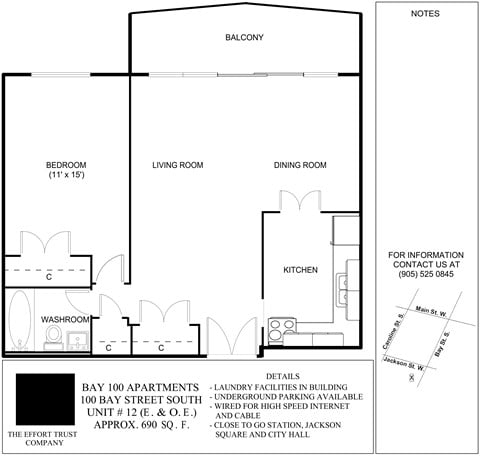 Floor plan for 1 bed, 1 bath, 690 sqft
